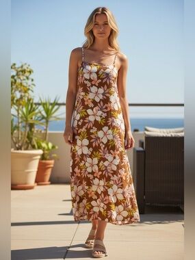 Billabong Daybreak Aloha Floral Spaghetti Strap Casual Mid Maxi Beach Dress